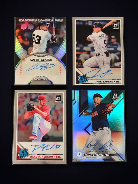 Four signed 2019 baseball cards: Austin Slater, Jake Bauers, Dakota Hudson and Ethan Hankins