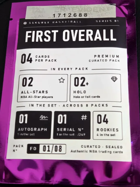FIRST OVERALL pack FO 01/08: 4 cards per pack, 2 All-Stars and 2+ holo in every pack, serialized tamper-evident tag