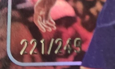 Close-up of the foil serial number 221/249 on the Ryan Dunn red parallel