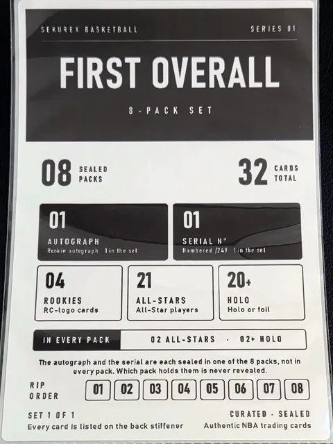 FIRST OVERALL printed set cover: 8 sealed packs, 32 cards, 1 autograph, 1 serial-numbered card, 4 rookies, 21 All-Stars