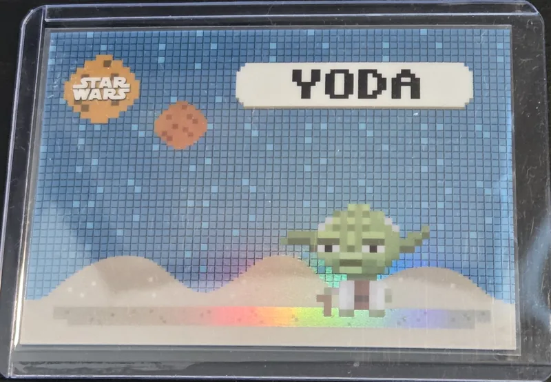2026 Topps Chrome Star Wars Bonus Stage Yoda card, pixel-art front with chrome shine, in a top-loader