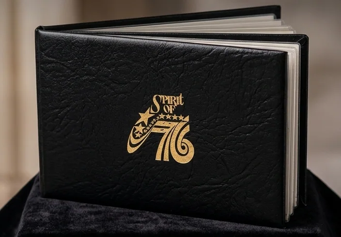 Black Spirit of ’76 presentation album with gold foil, holding the 1977 Nine Days that Saved the Revolution medal cover set