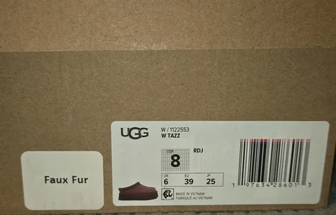 UGG box label: W 1122553, W TAZZ, size 8, RDJ, with a Faux Fur sticker