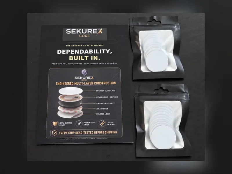 Sekurex Core NTAG215 30 mm anti-metal NFC stickers in two sealed packs beside the construction insert card