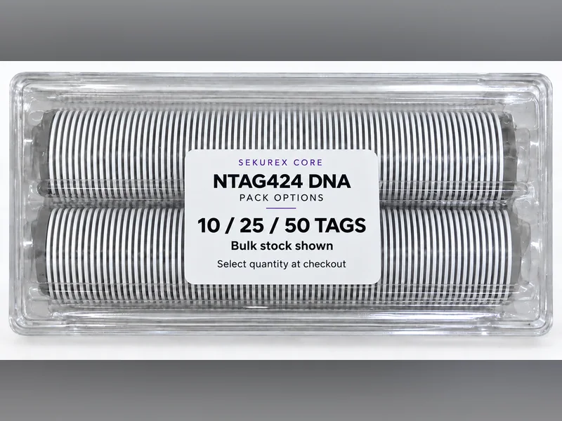 Sekurex Core NTAG424 DNA anti-metal NFC stickers in bulk stock, pack options 10, 25 and 50