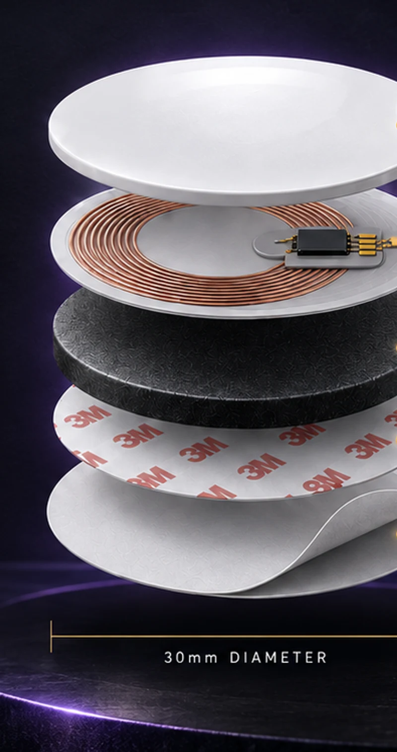 Exploded view of a Sekurex Core 30 mm on-metal NFC tag: glossy PVC face, NTAG424 DNA chip and copper antenna, anti-metal ferrite, 3M adhesive and release liner