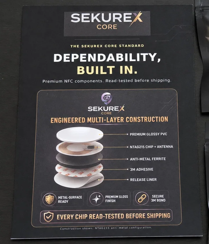Sekurex Core insert card showing the NTAG215 anti-metal sticker layers: glossy PVC, chip and antenna, ferrite, 3M adhesive and release liner