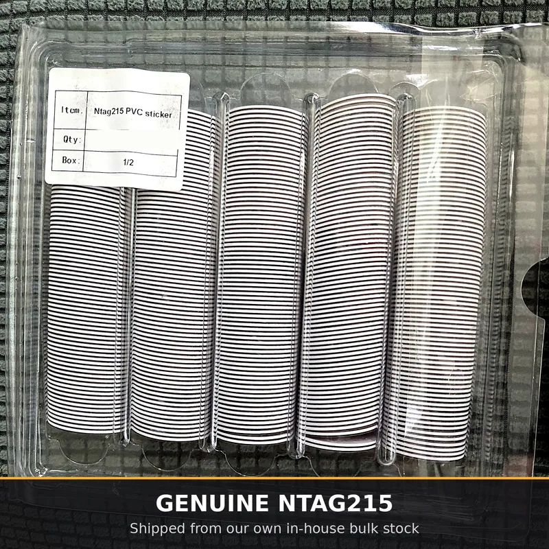 Sealed trays of genuine NTAG215 PVC NFC stickers in Sekurex bulk stock